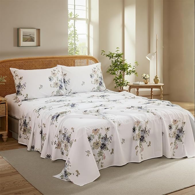 100% Cotton Sheet Set Queen Size – 4-Piece Vintage Chic Floral Bedding Set, Soft Breathable Percale Weave, Deep Pocket Fitted Sheet 17.5", Crisp Cool Feel, Refined Botanical Elegance