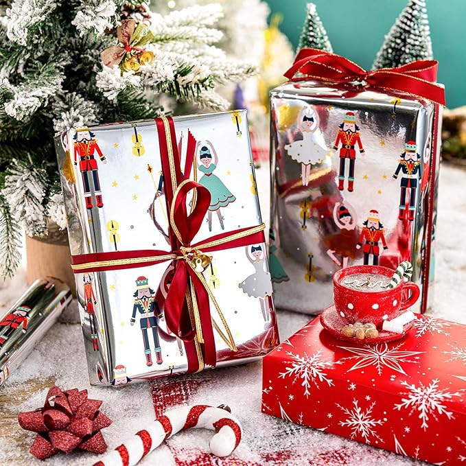 MAYPLUSS Christmas Wrapping Paper Roll - 17IN X 33FT - Nutcracker Gift Wrapping Paper Featuring Ballet Guitar Gold Star Reversible Snowflake for Kids, Holiday, New Year