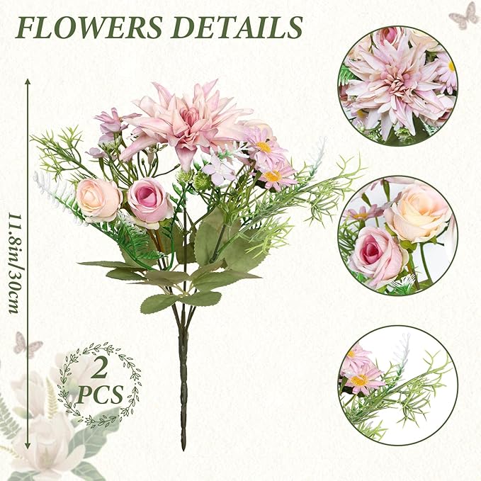 2PCS Artificial Flowers Dahlia Bouquet Fake Flowers Purple Silk Roses Daisies Faux Floral Arrangements for Dining Table Centerpieces for Kitchen Bridal Bouquet Wedding Party Home Decor
