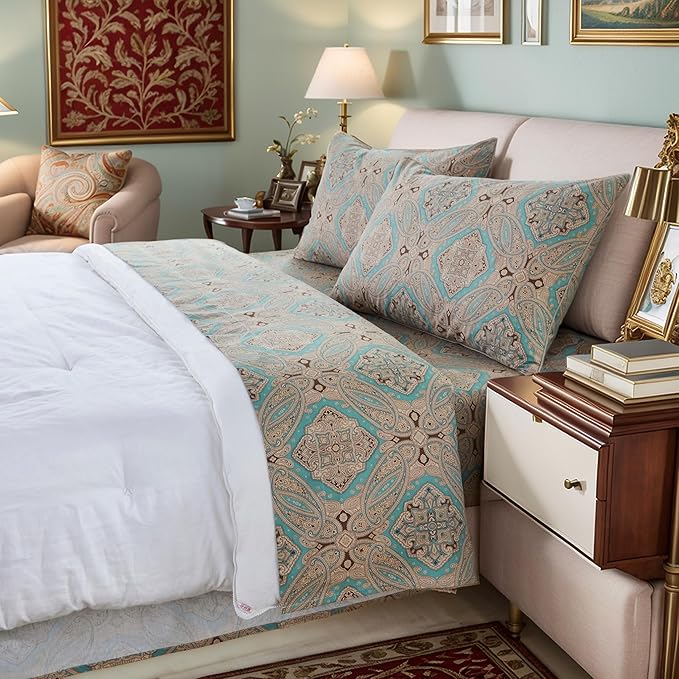 Brandream Boho Paisley Print Luxury Bedding Bohemian Damask Medallion King Size Sheet Set 800TC Egyptian Cotton Sateen Deep Pocket, 4 Piece, Taupe