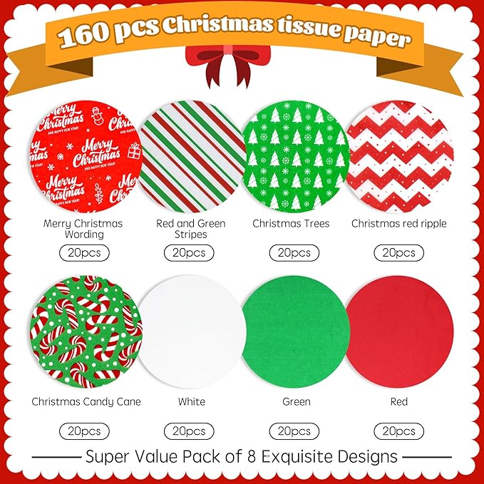 160 Sheets Christmas Tissue Paper Assorted Christmas Tissue Paper for Gift Wrapping, Christmas Gift Boxes and Wine Bottles