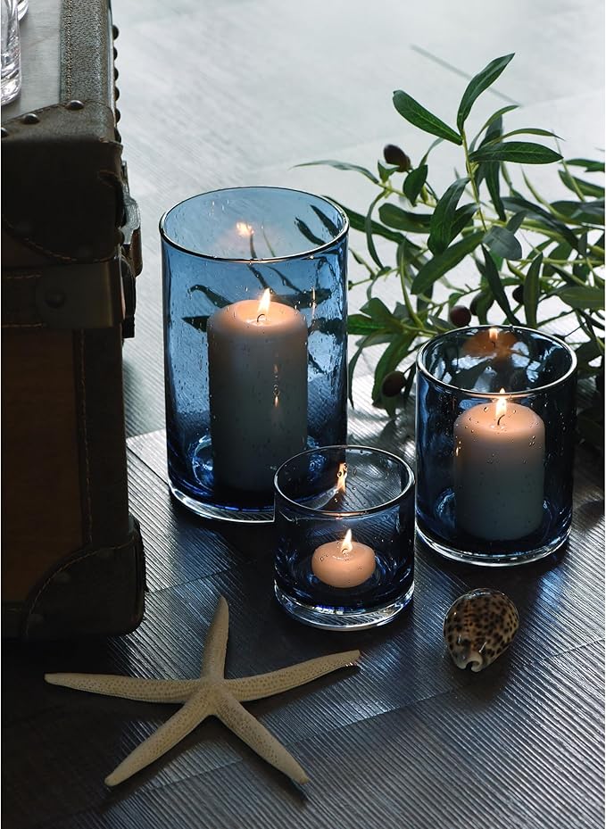 ARIAMOTION Blue Candle Holder for Pillar Tealights Modern Bubbles Glass Hurricane Cylinder Vases Table centerpieces Kitchen Island Dining Room Coffee Bar 8" 5" 3.5" Height Set 3