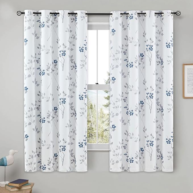 Beauoop Floral 100% Blackout Curtains 63 Inch Length 2 Panels for Bedroom Living Room Blue Grey and White Flower Patterned Room Darkening Thermal Soundproof Grommet Window Treatments Drapes, 52X63