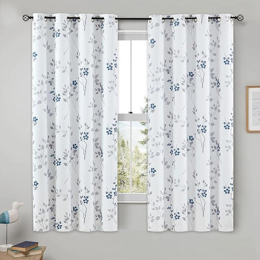 Beauoop Floral 100% Blackout Curtains 63 Inch Length 2 Panels for Bedroom Living Room Blue Grey and White Flower Patterned Room Darkening Thermal Soundproof Grommet Window Treatments Drapes, 52X63