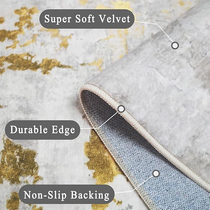 vivorug 9x12 Area Rugs for Living Room, Non Slip Machine Washable Modern Abstract Rug, Ultra-Thin Lightweight Large Area Rug Carpet for Bedroom, Dining Room, Low Pile Grey/Mustard