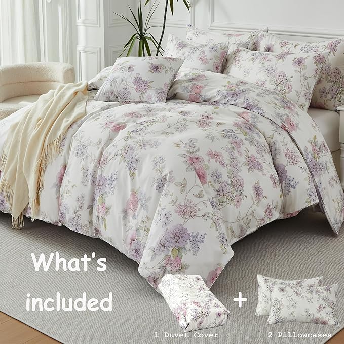 FADFAY Floral Bedding Set with Peony Print, Soft Breathable Duvet Cover & Pillowcases, 100% Cotton, Elegant Botanical Pattern, Durable & Skin-Friendly, Queen Size