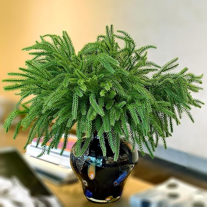 16 Pcs Christmas Norfolk Pine Stems Fake Cypress Stems Plastic Pine Greenery Real Touch Greenery Picks Artificial DIY Plastic Picks for Holiday Winter Table Xmas Decor（NO VASE）