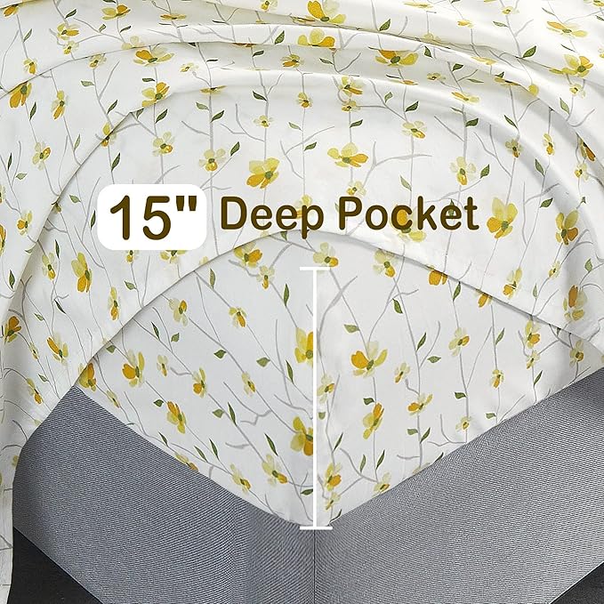 Softan Yellow Floral Bed Sheets Full Flower Printed Sheets - Patterned Microfiber Fitted Sheets Full with 15" Deep Pocket & Non-Slip Straps, Cute Flower Sheets & Pillowcase Set