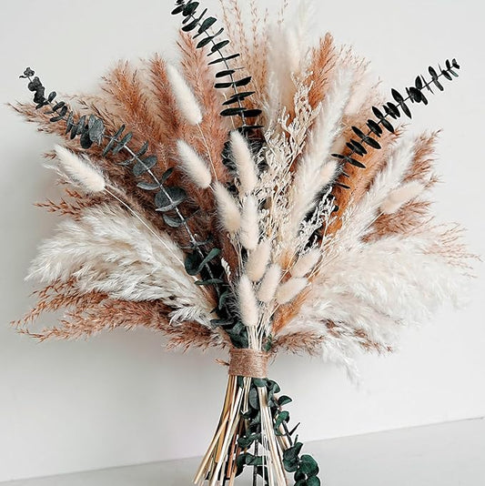 Dried Flower Bouquet - Pampas Grass, Bunny Tails, Olive Green Eucalyptus & Preserved Flowers - Boho Chic Home Decor, Rustic Wedding Centerpiece, Farmhouse Style Arrangement, Long-Lasting Gift