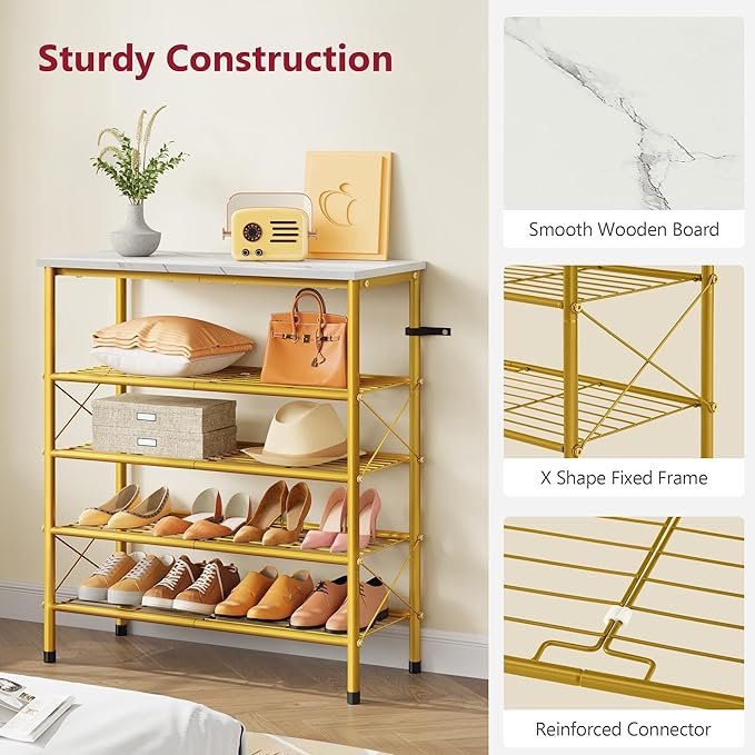 Tajsoon 5 Tier Shoe Rack Organizer for 16-20 Pairs of Shoes, Metal Mesh Shoe Shelf for Closet, Industrial Shoe Rack for Entryway Shoe Storage with X Shape Fixed Frame, White & Gold