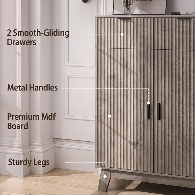 BOXACTION Fluted Shoe Cabinet, 4-Tier Mid Century Modern Narrow Shoe Storage Cabinet with Doors & 2 Drawers, Adjustable Shelves, Freestanding Hidden Shoe Rack Organizer & Wooden Legs for Entryway