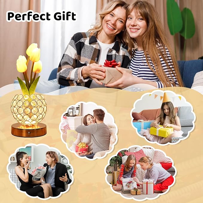 Tulip Flower Lamp,4000mAh Rechargeable Cordless Lamp with 3-Colour Stepless Dimming,Touch Control Cordless Table Lamp Night-Light for Home Decor,Unique Birthday Gifts for Women