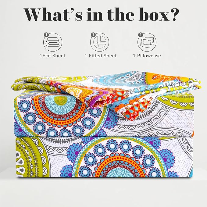 Bedlifes Twin Sheet Set Ultra Soft, Breathable, Silky Flower Deep Pocket 100% Microfiber Bedding, 3 Piece Twin Size Mandala Patterned