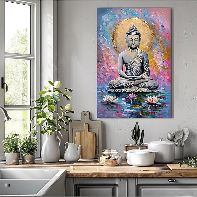 Lotus and golden Buddha meditation tranquil zen wall art mindfulness wall art for spiritual harmony and tranquility decor 20x30in Frameless