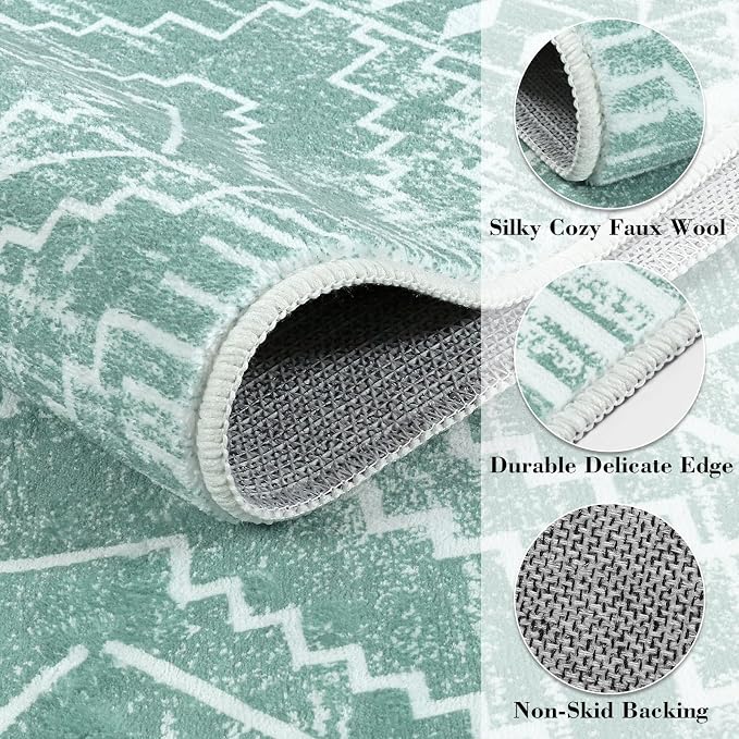 Wonnitar Moroccan Sage Green Area Rugs 5x7, Washable Rugs Non-Slip Soft Large Rug for Bedroom, Non-Shedding Farmhouse Stain Resistant Floor Carpet for Bedside Playroom Dining Room (Mint Green,5'x7')