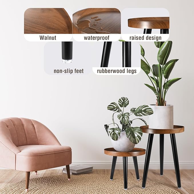 KGPLOME Indoor Plant Stand,Wood Mid Century Plant Table in Walnut Finish,Tall Plant Stand for Flower Pot,Modern Round Small Side End Table with Raised Design (Walnut, 12"x10.8" 2 Pack)