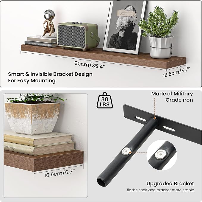 Heimlove 36 Inch Floating Shelves for Wall,Mounted Storage & Display Wood Shelves with Invisible Brackets,Hanging Shelf for Bedroom Living Room Kitchen Office,Set of 2,Walnut Color