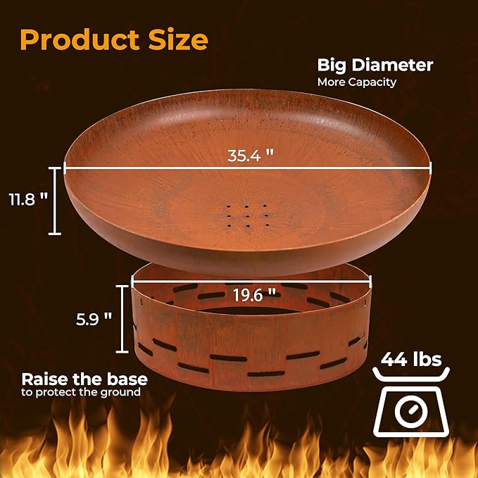 KOL 35" Dia. Heavy-Duty Fire Pit - Pre-Rusted Corten Steel Round Firepit Large Fire Bowl with Stand - Weathering Steel Wood Burning Fireplaces for Outside Backyard Deck Party Bonfire