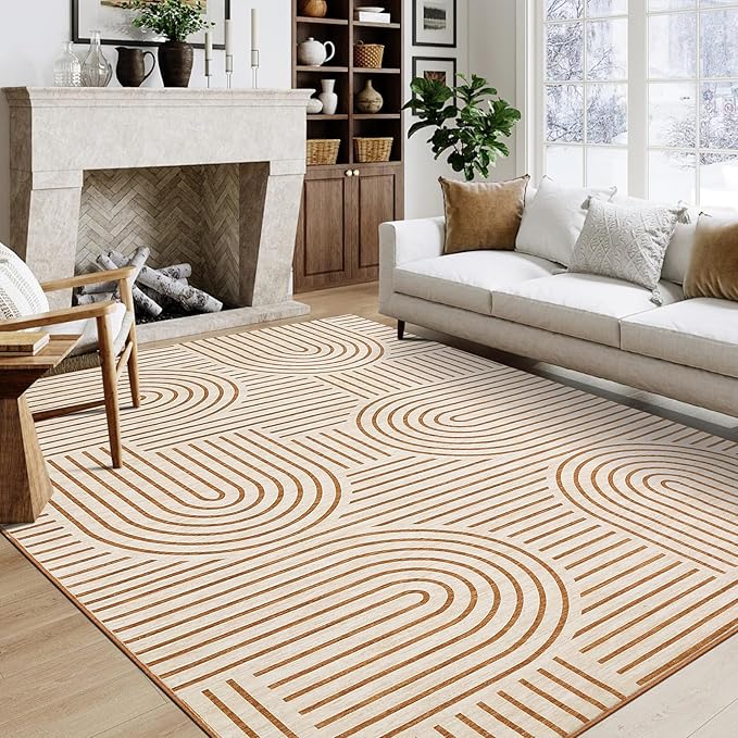 9x12 Area Rug Washable Modern Abstract Rugs for Living Room Non Shedding Soft Bedroom Boho Carpet Ultra-Thin Low Pile Living Room Floor Covers Abstract Line Carpet for Playroom Kids Room, Orange
