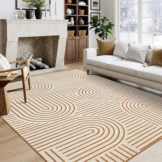 9x12 Area Rug Washable Modern Abstract Rugs for Living Room Non Shedding Soft Bedroom Boho Carpet Ultra-Thin Low Pile Living Room Floor Covers Abstract Line Carpet for Playroom Kids Room, Orange