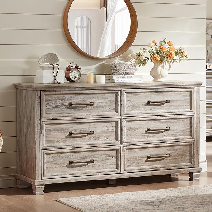 Farmhouse 6 Drawer Dresser for Bedroom, 54 inch Wide Large Vintage Chest of Drawers with Square Solid Wood Legs, Rustic TV Stand for Living Room, Wooden Storage Dressers for Hallway, Grey