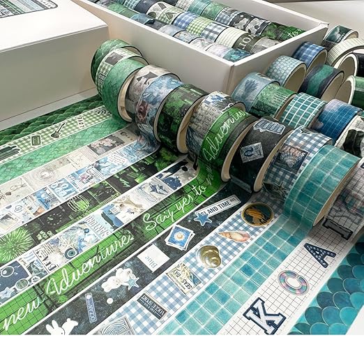 YUBBAEX Nature Washi Tape Value Pack 36 Rolls Plants Printed Masking Tape Cute Decorative for Arts, DIY Crafts, Journal Supplies, Planners, Scrapbook, Card/Gift Wrapping (Green Blue)