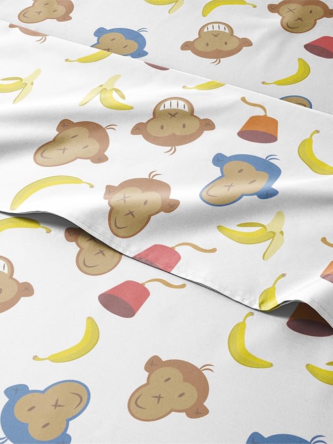 Kids Queen Size Monkey Bed Sheets - 4 Piece Monkey Sheet Set - Cartoon Banana Bedding - Soft, Cute & Cozy - Comfy, Breathable & Machine Washable - Animal Bed Set for Boys, Girls, Teens and Toddlers
