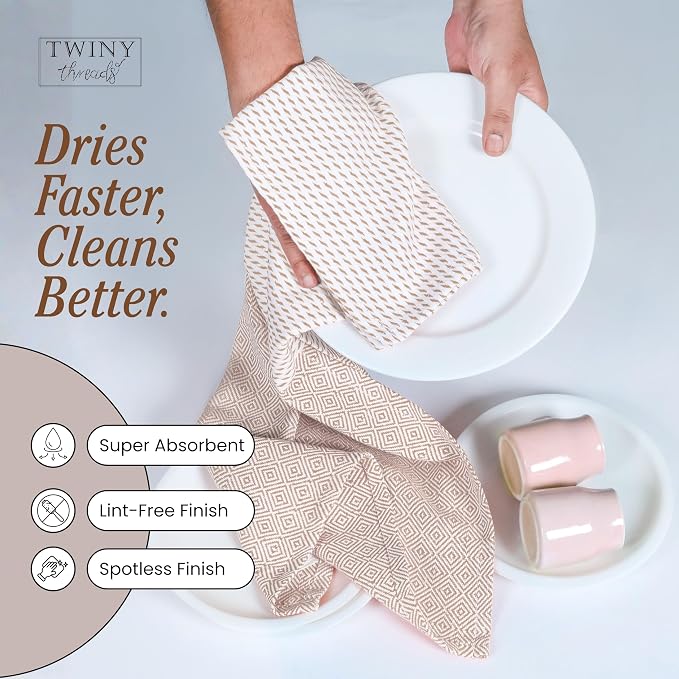 TWINY threads Kitchen Dish Towel Diamond Weave, Large Premium 100% Cotton Kitchen Linen Set, Absorbent Dish Rags for Drying Dishes, Quick Drying Washable Reusable, 4 Pack, 18x26 Inch, Beige