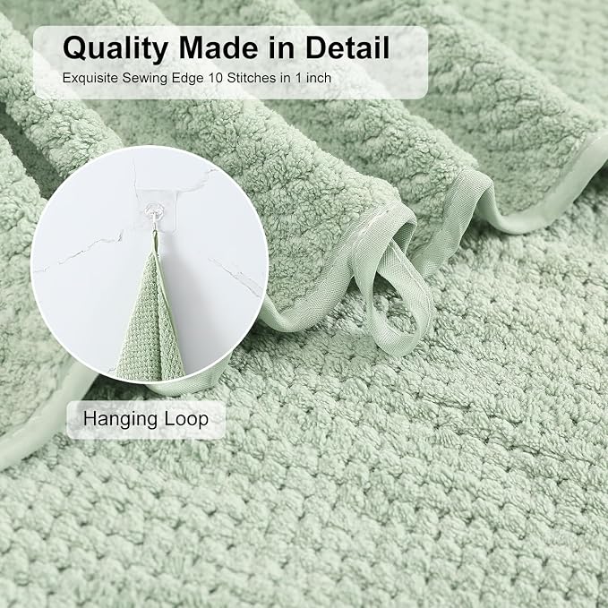 2 Pcs Green Hand Towel Set 16"x31" Soft Highly Absorbent Quick Dry Bathroom Towels Polyester Plush Towels Set Woven Towels for Bathroom Kitchen Hotel Spa Gym