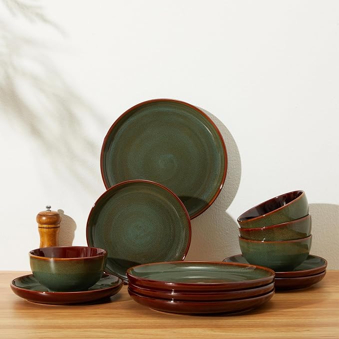 Pokini Plates and Bowls Sets for 8, 24 Piece Dinnerware Set for Large Families & Entertaining, Elegant Design, Dishwasher & Microwave Safe, Chip Resistant and Durable, Sage Green