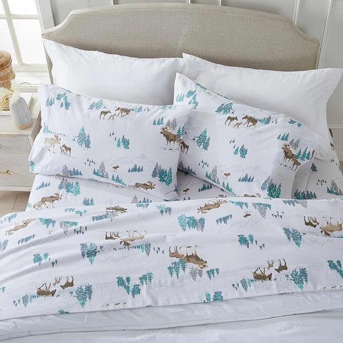 Market & Place 100% Turkish Cotton Flannel Sheet Set | 4 Piece Deep Pocket Novelty Cozy Winter Bed Sheets | Double Brushed for Extra Softness & Comfort | Alpine Collection (King, Moose)