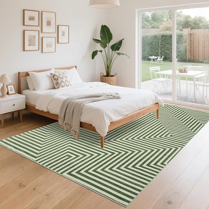 Washable Modern Lines Large Rug 10x13 for Living Room Modern Geometric Rugs Low Pile Soft Bedroom Carpet Thin Foldable Abstract Floor Carpet for Dining Kids Room Playroom, Green