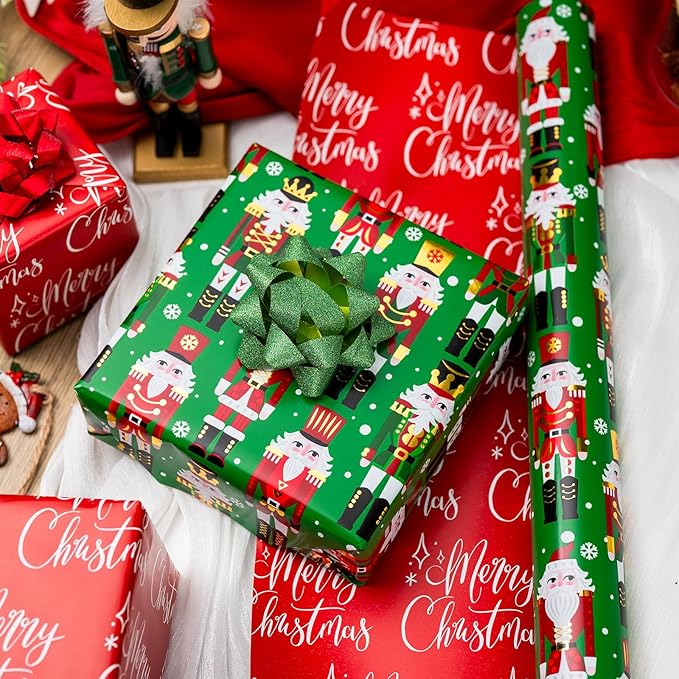 MAYPLUSS Christmas Nutcracker Wrapping Paper, Reversible Christmas Gift Wrapping Paper, Funky Cute Green Nutcracker Print Thick Gift Wrap Metallic Foil Paper for Holiday (Mini Roll, 17 Inch X 33 Feet)