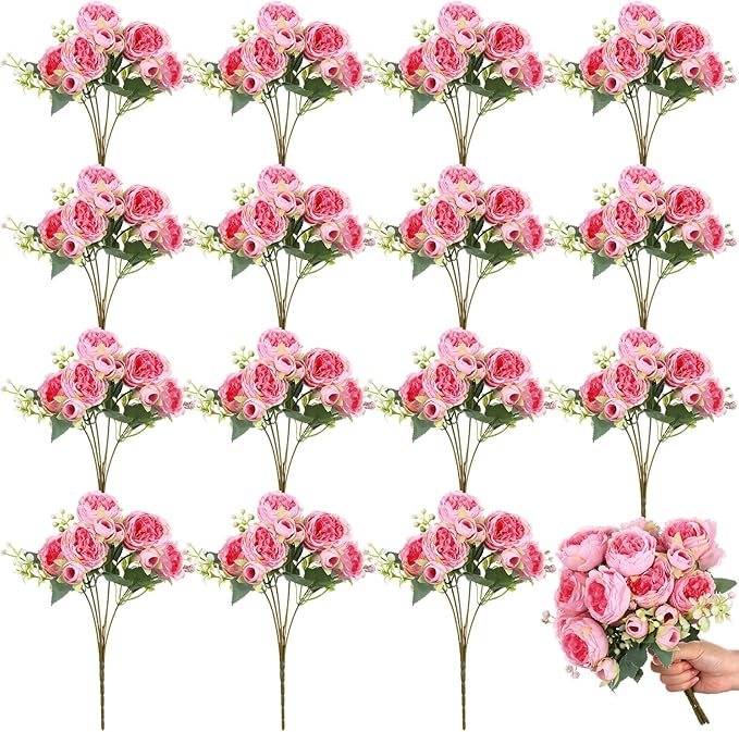Crowye 16 Bundles Artificial Peonies Realistic Flowers with Stems Bouquet Peonies for Table Centerpieces Wedding Decoration Bridal Floral Arrangement (Dark Pink)