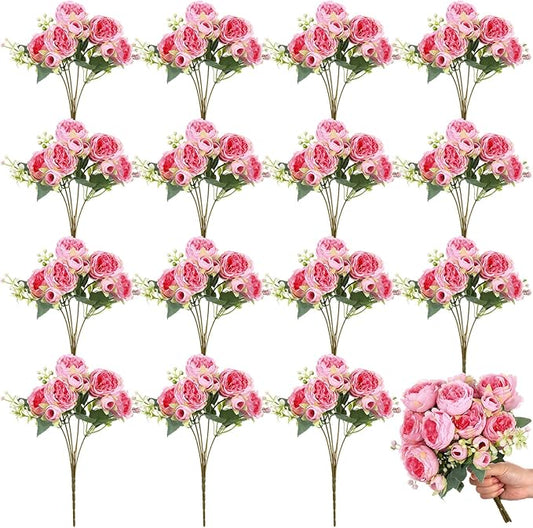 Crowye 16 Bundles Artificial Peonies Realistic Flowers with Stems Bouquet Peonies for Table Centerpieces Wedding Decoration Bridal Floral Arrangement (Dark Pink)