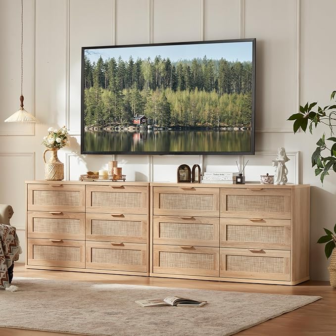 LEYAOYAO Rattan Dresser for Bedroom Set of 2, Boho 48" Wide 6 Drawer Dresser Chest of Drawers, Natural Wood Dressers TV Stand with Metal Handle, Storage Dressers Organizer for Living Room, Hallway
