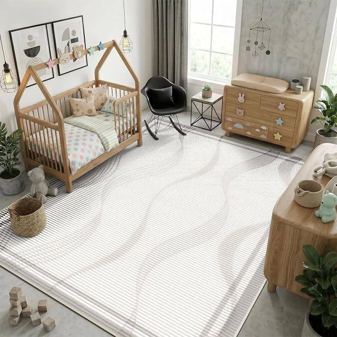 Merelax 5x8 Area Rug for Livingroom Bedroom - Washable Non-Slip Large Area Rug, Indoor Floor Carpet Low Pile Soft Rug for Dining Room, Mudroom, Modern Aesthetic Abstract Geometric Decor,Beige