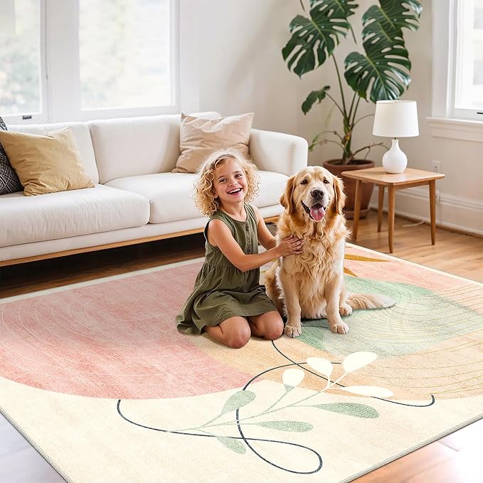 MUJOO Washable 8x10 Area Rugs for Living Room Bedroom Dining Room Large Boho Non Slip Carpet Indoor Mid Century Modern Abstract Botanical Geometric Pink