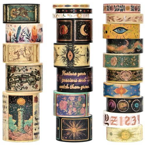 **Skiennix Gold Foil Washi Tape Set - 23 Vintage Decorative Rolls for Journaling & DIY Crafts | Celestial Symbols**
