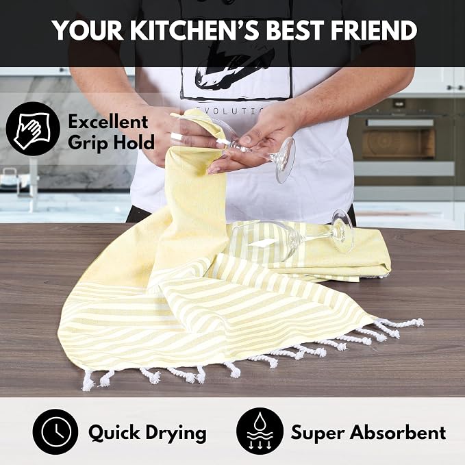 Turkish Kitchen Towels 18x26 Inches with Tassels - 4 Pack - Ultra Absorbent, Durable, Soft 100% Cotton Dish Towels for Drying & Cleaning - Machine Washable, Quick-Dry - Lemon Yellow