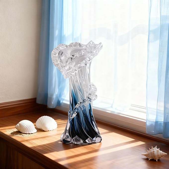 9.8" H Blue Blown Glass Vase, Modern Art Hand Blown Coastal Vase,Beautiful Unique Ocean Wave Centerpieces for Living Room, Bedroom, Office Desktop,Coffee Table and Wedding Decorative (M)