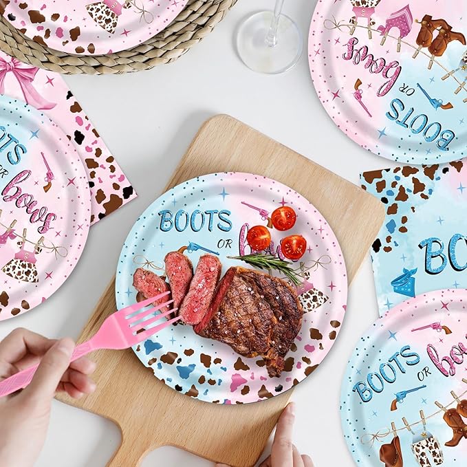 48pcs Pink Blue Gender Reveal Party Decoration Set,16 Dessert plate,16 Napkin And 16 Fork,16 persons Disposable tableware,Used Cowgirl Birthday Party Supplies (Multicolor 25)