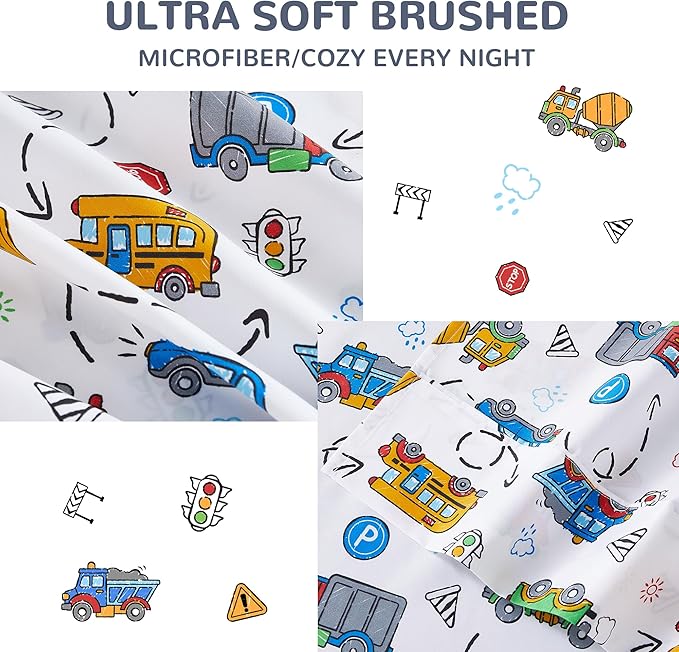 Viviland 3 Pieces Boys White Twin Sheet Set - Soft Microfiber Fitted Flat Sheets & Pillowcase - White Cars Traffic Lights Print Bedding Sets - for Kids & Toddlers