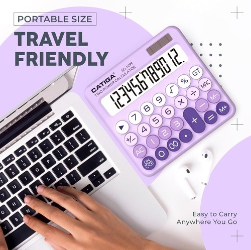 CATIGA Mechanical Switch Calculator - Solar & Battery Dual Power, 12-Digit LCD Display, Cute Design for Home & Office Use