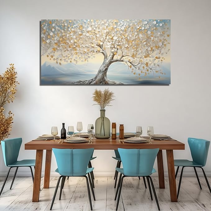 Large Tree Decor Art Bedroom Gold Canvas Wall Decor Light Blue Picture Wall Art for Living Room Office 29" x 59" White Artwork Poster