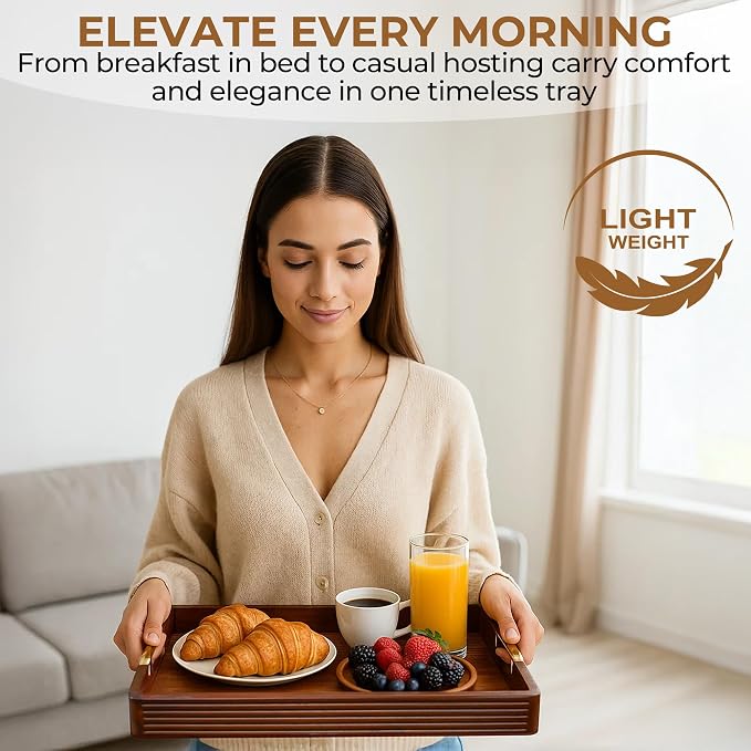 Acacia Wood Serving Tray with Metal Handles, 17x13in, Decorative Coffee Table Tray & Ottoman Tray, Anti-Slip Pads, Dark Wood Tray for Breakfast in Bed, Bar Tray, Gift Box