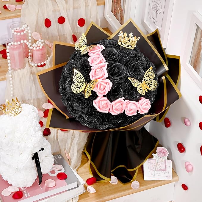 Waipfaru 36+20 Glitter Roses Bouquet, DIY Fake Flowers Bouquet, Craft The Initials of Your Loves' Name with Artificial Rose Bouquet for Valentines, Anniversary, Wedding, Black & Pink