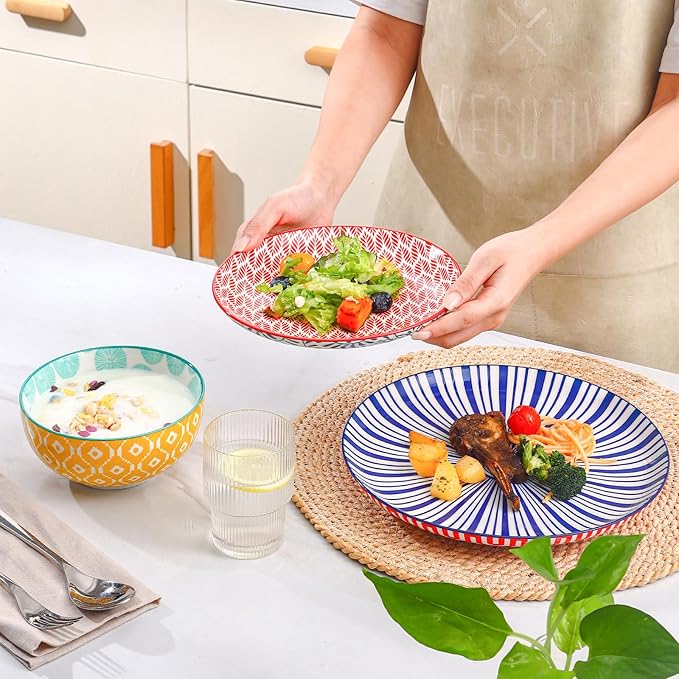 Selamica Ceramic Plates and Bowls Sets,12 Pieces Dinnerware Sets for 4,Scratch Resistant Dish Set,Dishwasher & Microwave Safe, Assorted Colors