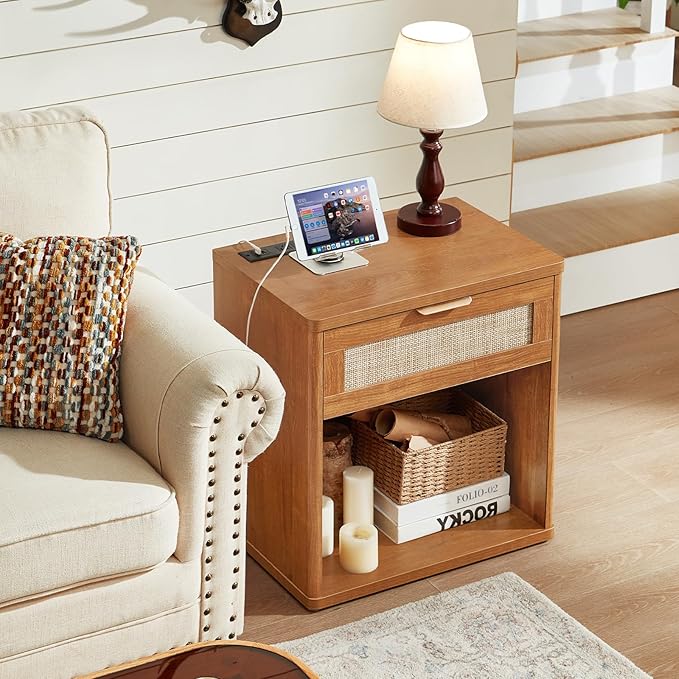 LEYAOYAO Rattan Nightstands Set of 2 with Charging Station, Natural Wood Night Stand with Drawer, 23" Wide Boho Bedside Table Open Cabinet, Bed Side Table Dresser for Bedroom, Living Room, Entrance