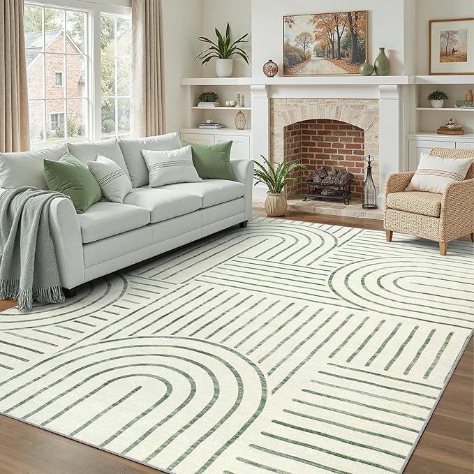 DCX Abstract Machine Washable 8x10 Rug, Sage Green Modern Accent Rug for Living Room, Soft Low Pile Non Slip Carpet, Kid & Pet Friendly Stain Resistant Rug for Bedroom Dining Room Office